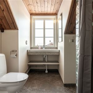 ett mindre badrum med en toalett och ett handfat som står intill ett fönster. 