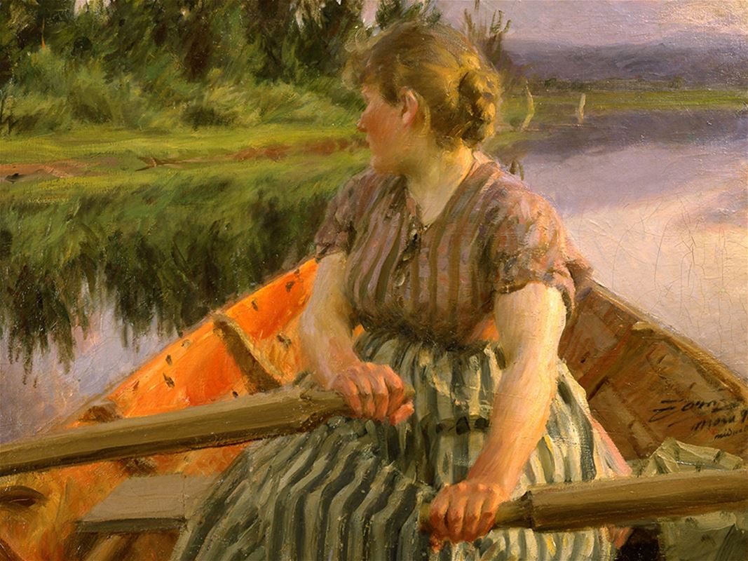 Målning av Zorn med kvinna som ror träbåt.