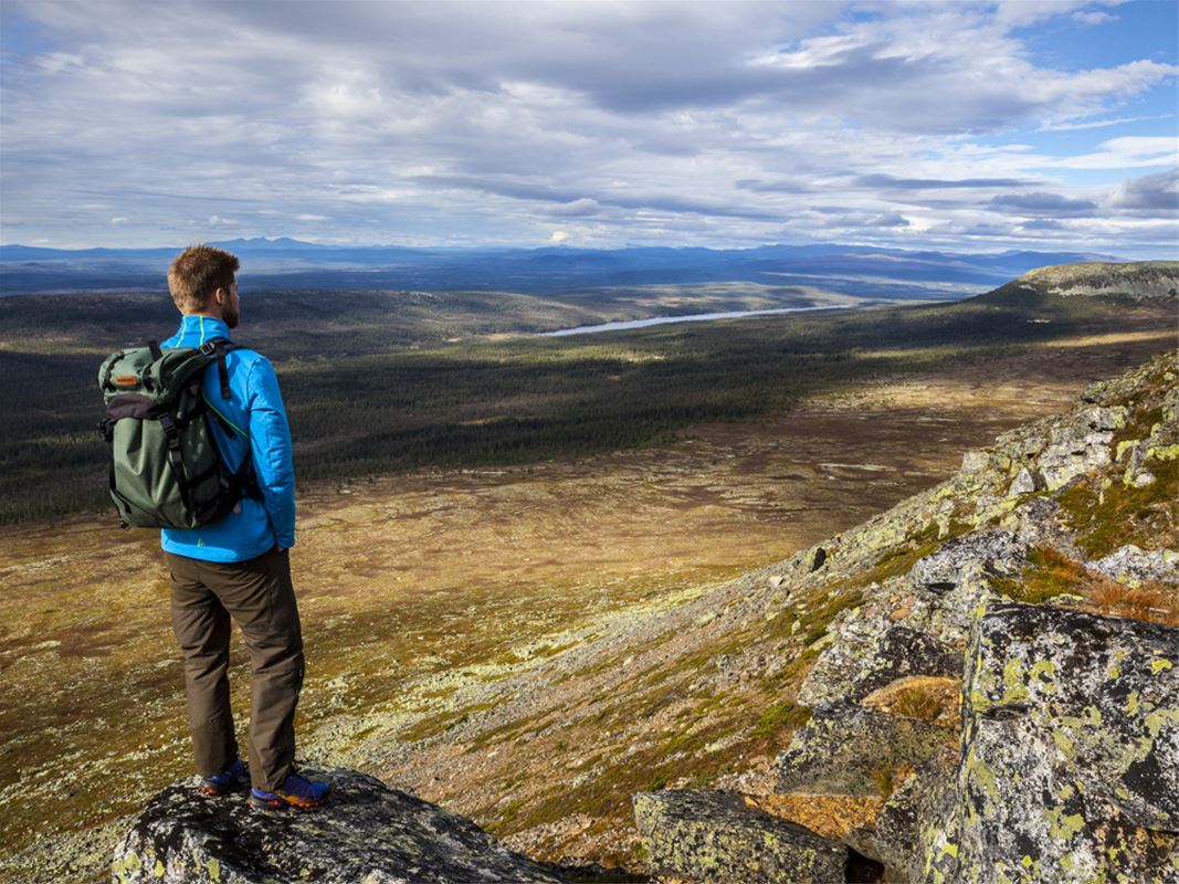 En man står på en bergstopp och tittar på utsikten.