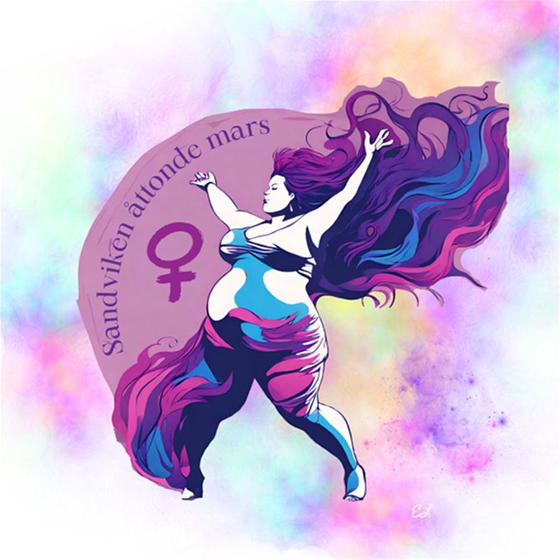 En tecknad bild på en kvinna i lila lockigt hår och lila skirt tyg över kroppen. Bredvid henne en kvinnosymbol. Bredvid står det "Sandviken åttonde mars"