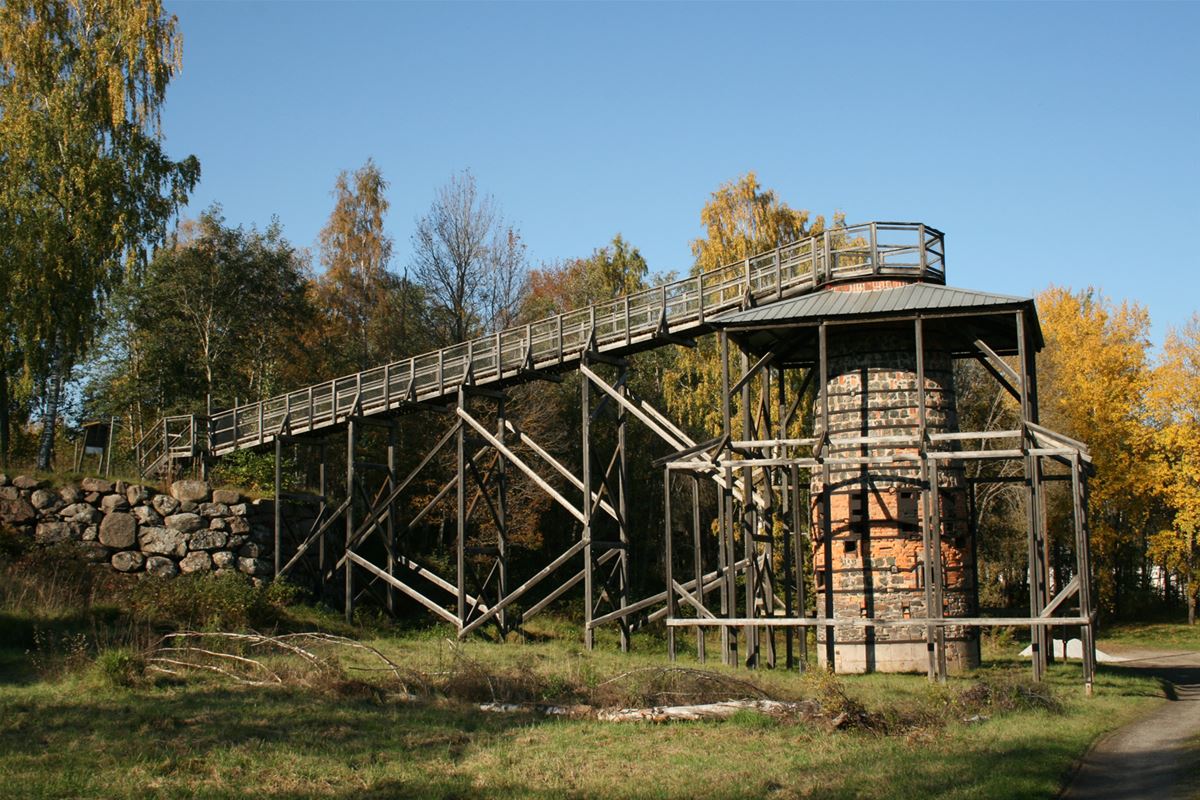 A blast furnace with a wooden bridge.
