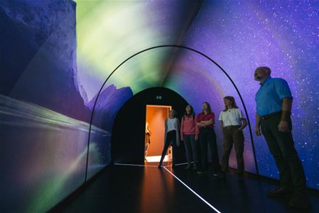 Five people in a tunnel with aurora projections and a starry sky.