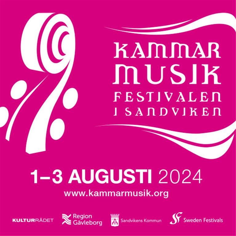 En rosa illustrerad bild på en fiolhals och bredvid står det "Kammarmusik festivalen i Sandviken" och lite längre ner "Första till tredje augusti 2024"