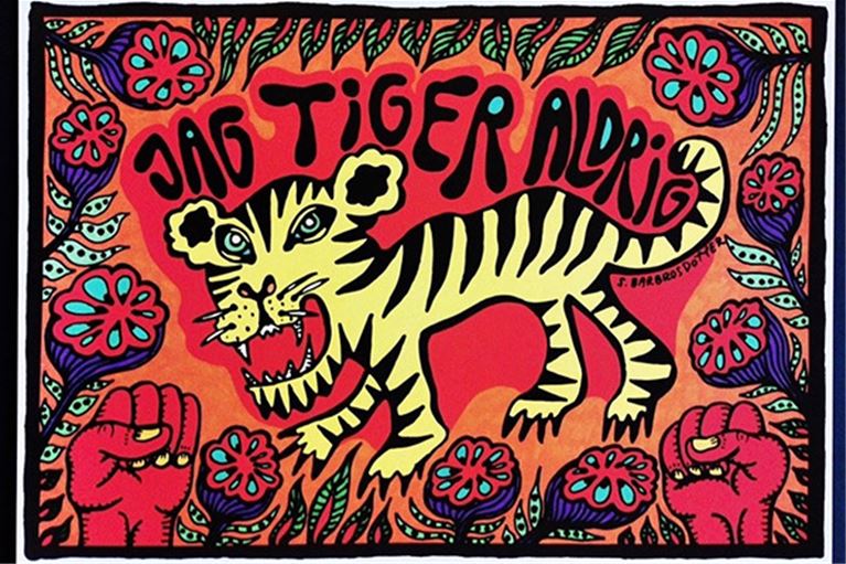 En illustrerad bild på en tiger och texten "Jag tiger aldrig" av  Stina Barbrsdotter